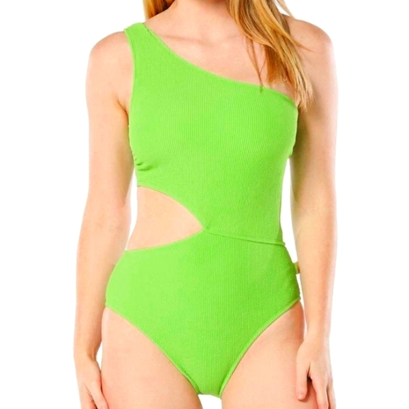 NWT!!! MICHAEL Michael Kors Ribbed One-Shoulder Side-Cutout Swimsuit, Size 14 - Picture 1 of 8